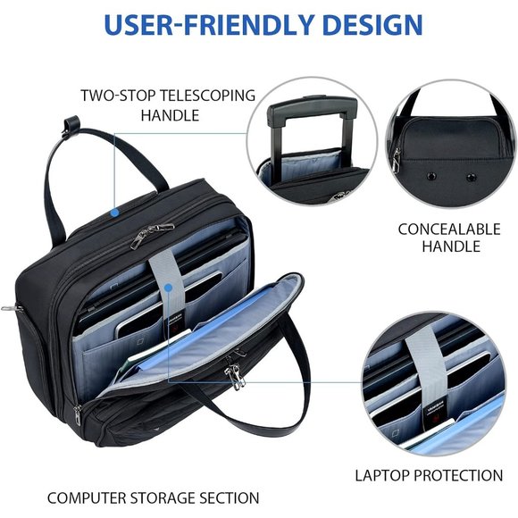 Women's Black Water Repellent Rolling Laptop Bag 15.6 inch - Picture 8 of 11